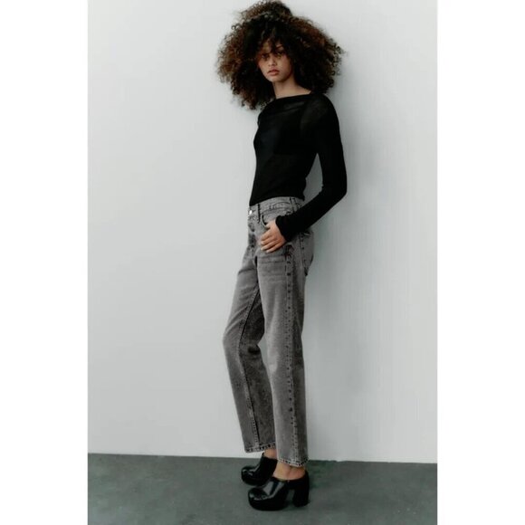 NWT Zara light wash black sparkle embellished mid rise straight leg jeans, 10 - Picture 4 of 15